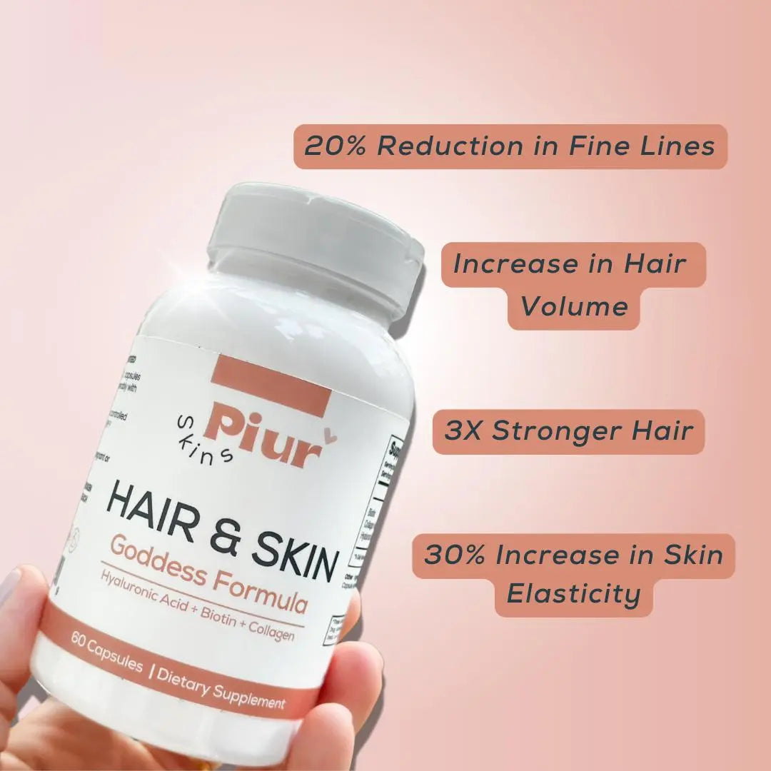 Nourish your body from the inside out with Hair & Skin Goddess Formula, infused with Biotin, Collagen, and Hyaluronic Acid. A powerful blend for radiant skin and stronger, healthier hair