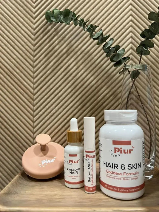 A selection of Piur Skins’ natural beauty products, showcasing organic ingredients designed to simplify your routine for radiant skin and hair.